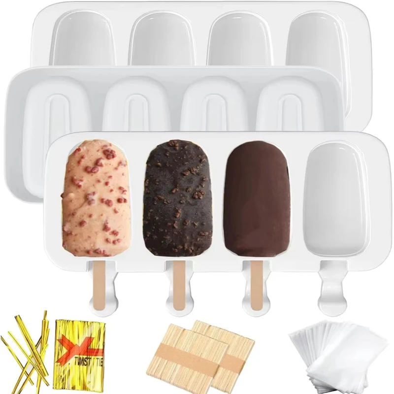4Pcs Large Silicone Popsicle Molds Set 4 Cavities Oval Cake Pop&Ice Cream Bar Molds Homemade Ice Making Kit with Wooden Sticks