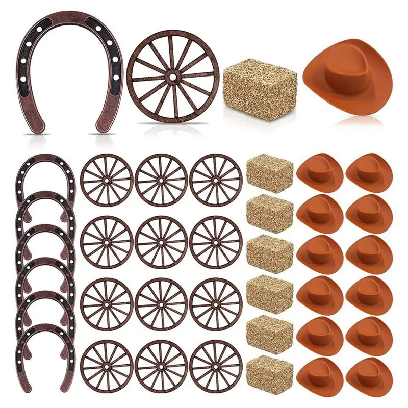 A98E-144PCS Western Party Decorations Mini Horseshoe Brown Cowboy Hat Wheel Hay Bales Suitable For Crafts And Cowboy Favors