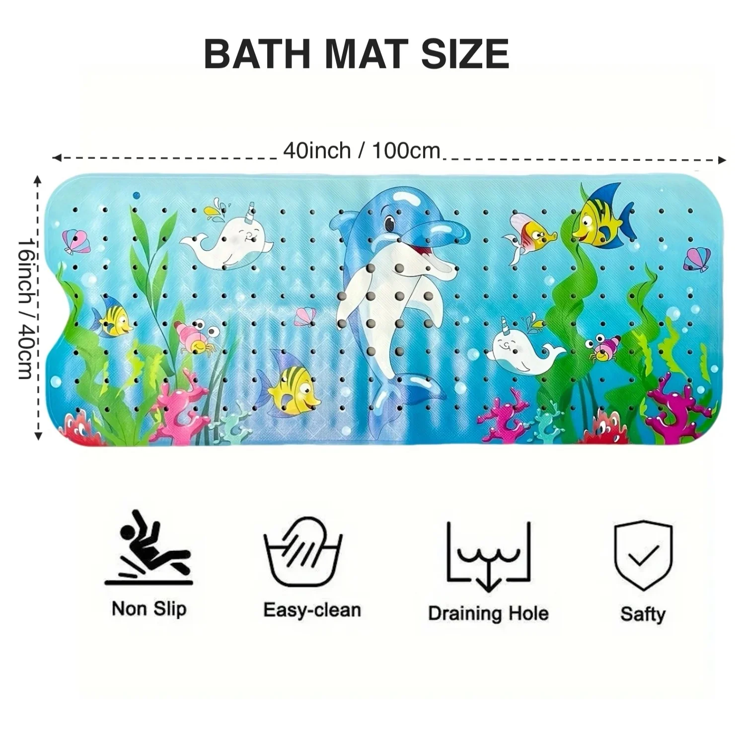 1pc Extra Long Bath Mat 40x100cm / 40x16inch – Non-Slip Bathtub Mat with Secure Suction Cups & Drain Holes Cartoon Shower Mats