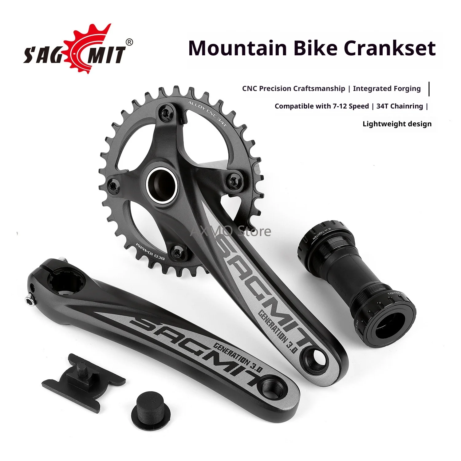 

SAGMIT MTB Bicycle Crankset 104BCD Hollow Crank 34/36T Integrated Crank Chainring 7-12 Speed Crank Aluminum Alloy Bike Parts