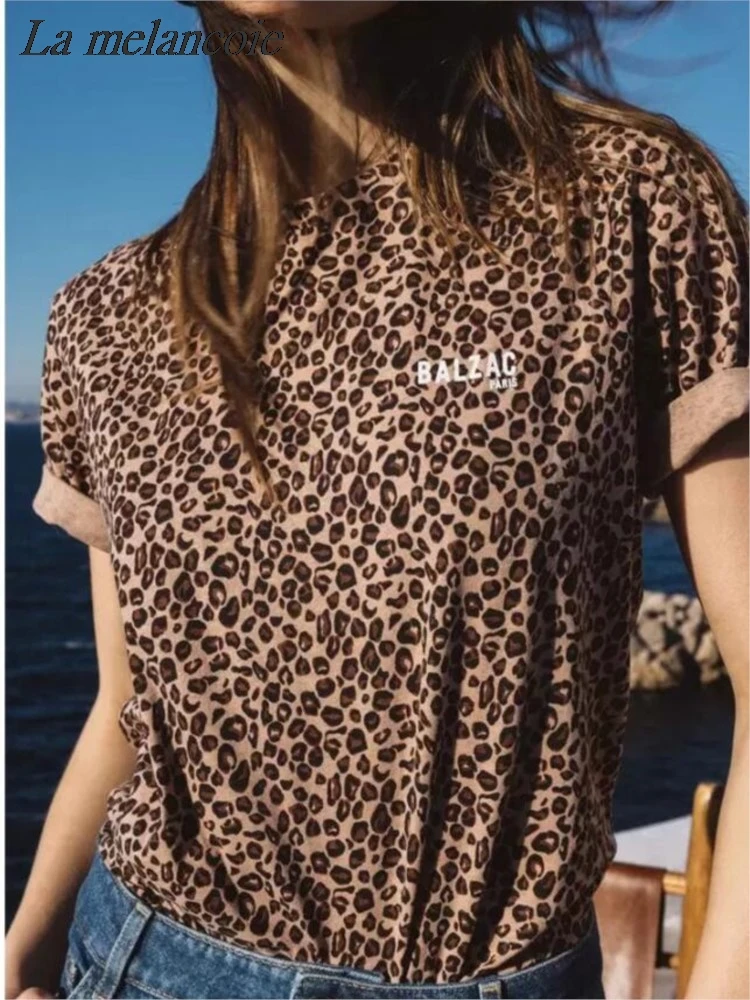 Letter Leopard Tee-shirt Women Summer Round Neck Patchwork Short Sleeve Cotton T-shirt Elegant Casual Femme Tshirts Top Clothing