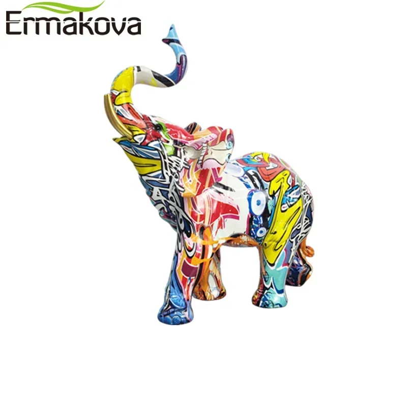 ERMAKOVA Nordic Painting Graffiti Elephant Sculpture Figurine Art Elephant Statue Creative Resin Crafts Home Decoration Gift