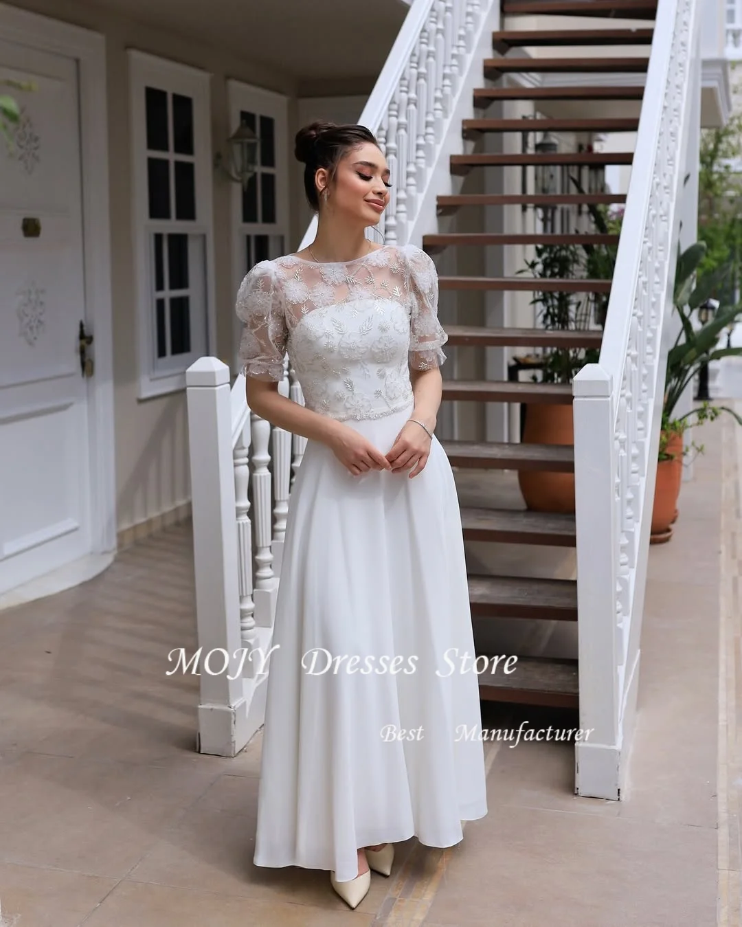 Mojy clássico vestido de casamento noiva mangas curtas colher pescoço miçangas apliques bolso uma linha vestido de noiva robe mariee tornozelo-comprimento