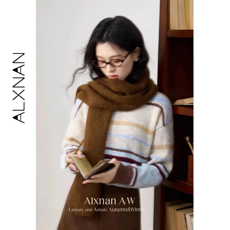 ALXNAN سترات نسائية مخططة برقبة دائرية بلوفرات محبوكة فضفاضة لخريف 2025 ملابس تريكو حلوة غير رسمية متعددة الاستخدامات L51527