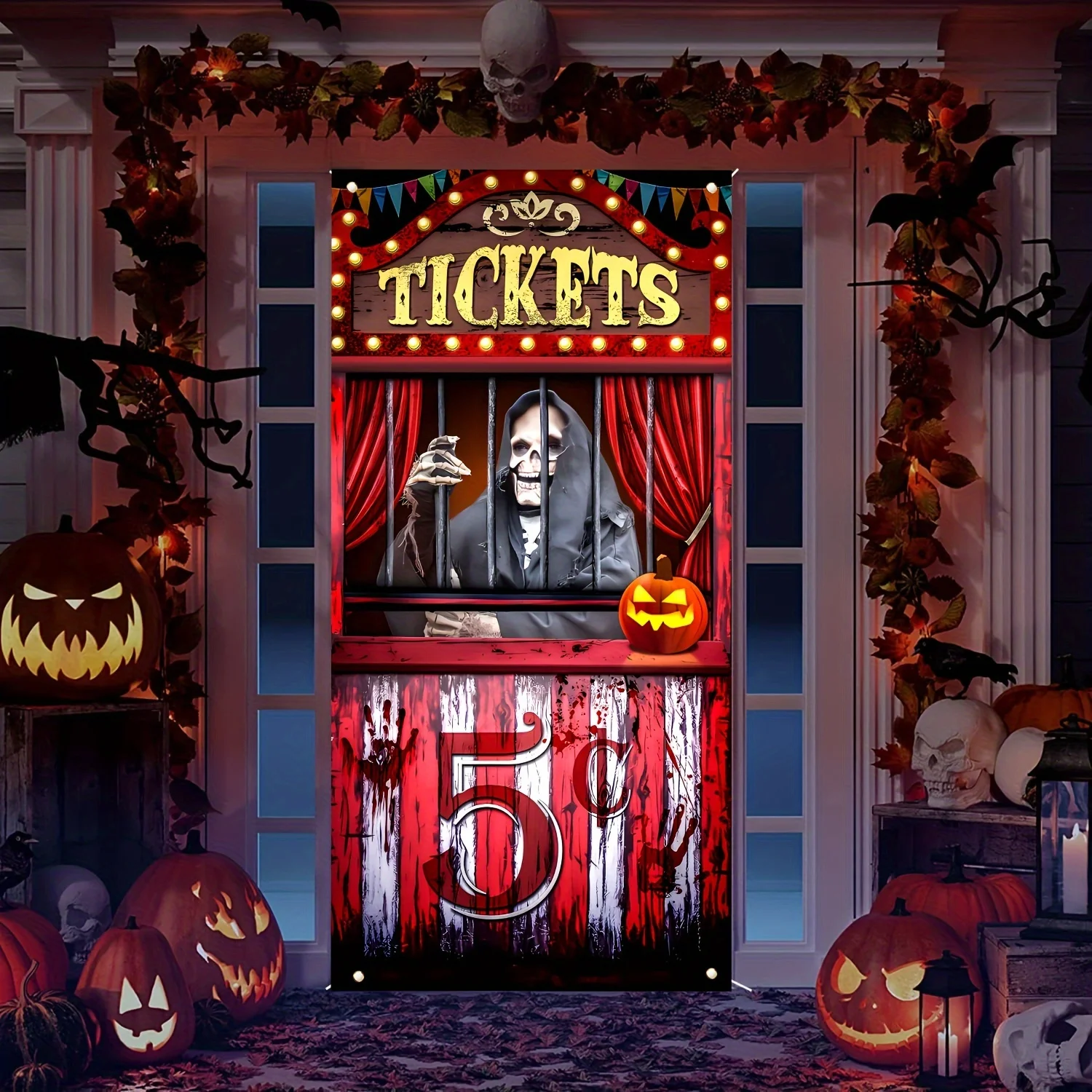 Polyester Black Evil Circus ticket booth banner - Halloween Bloody Horror party background, Day of the Dead holiday hanging