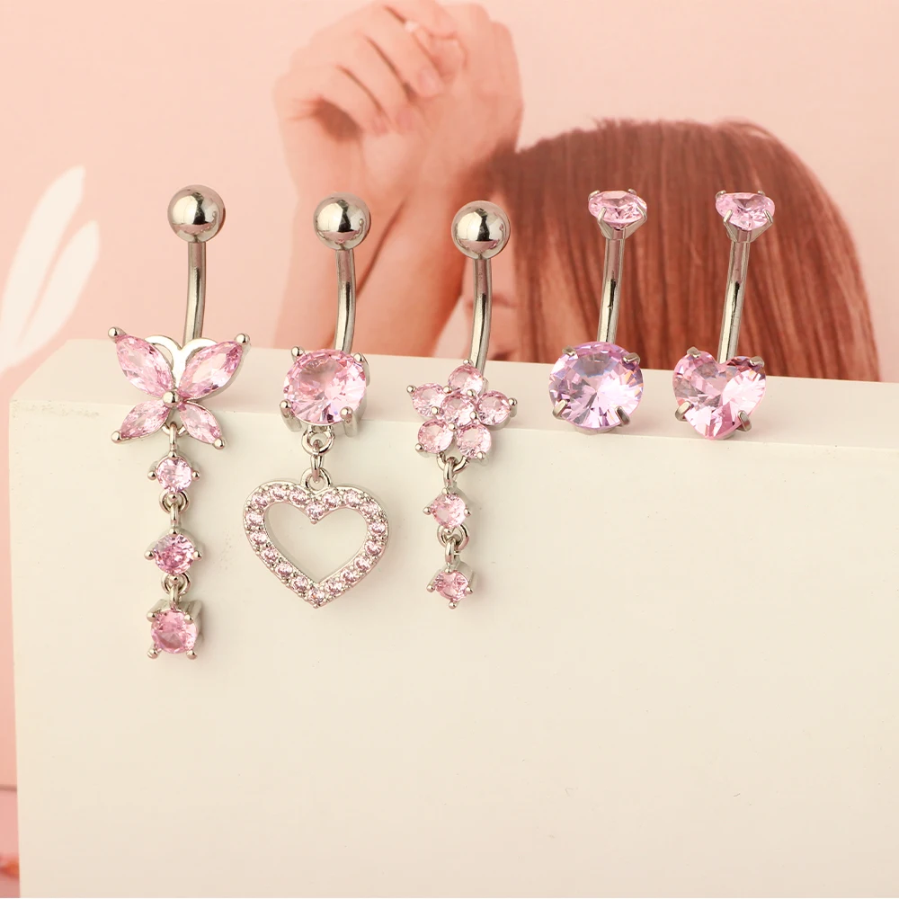 5pcs Cute Pink Belly  Button Ring 14G Navel Piercing Bulk Sexy Belly Ring Set Belly bar Lot Pircing Ombligo Jewelry Heart Silver