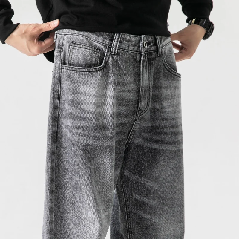 Jeans Longgar Pria Abu-abu Celana Panjang Fashion Vintage Dicuci Pakaian Jalanan Musim Semi Musim Gugur Celana Lebar Lurus Longgar Y2k Ukuran Besar