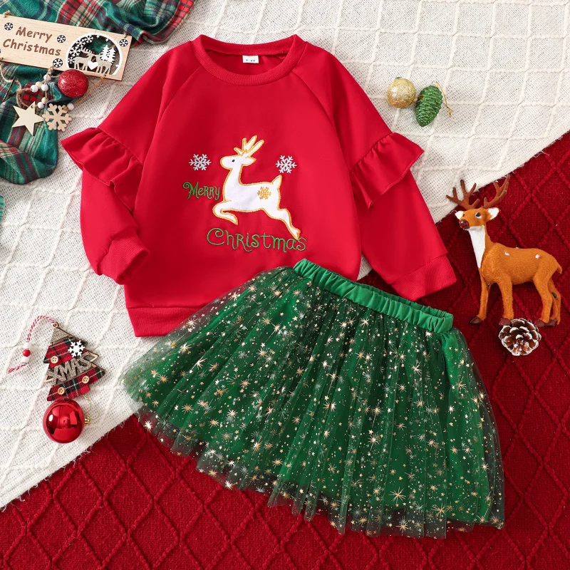 

Christmas children's clothing2025Autumn New Cute Reindeer Embroidered Sweatshirt and Star Mesh Skirt Set for Little Girls