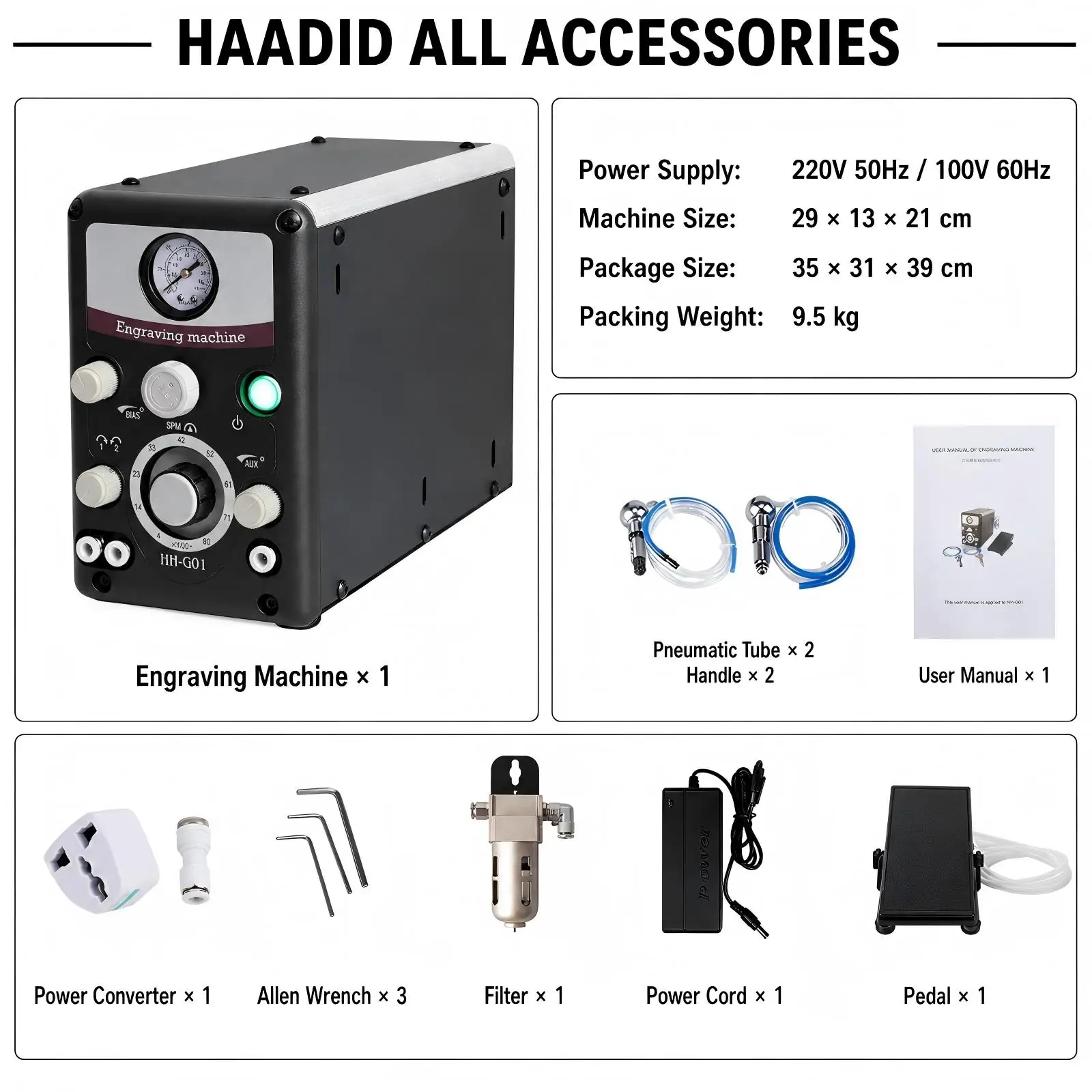 110V HH-G01 GraverMax Pneumatic Engraving Machine 400~8000rpm with Dual Handpiece Jewelry Air Graver with Pressure Gauge & Air Filter G8 Quick Setup Hand Engraving Jewelry Engraver Machine  for Jewelry Stone Setting