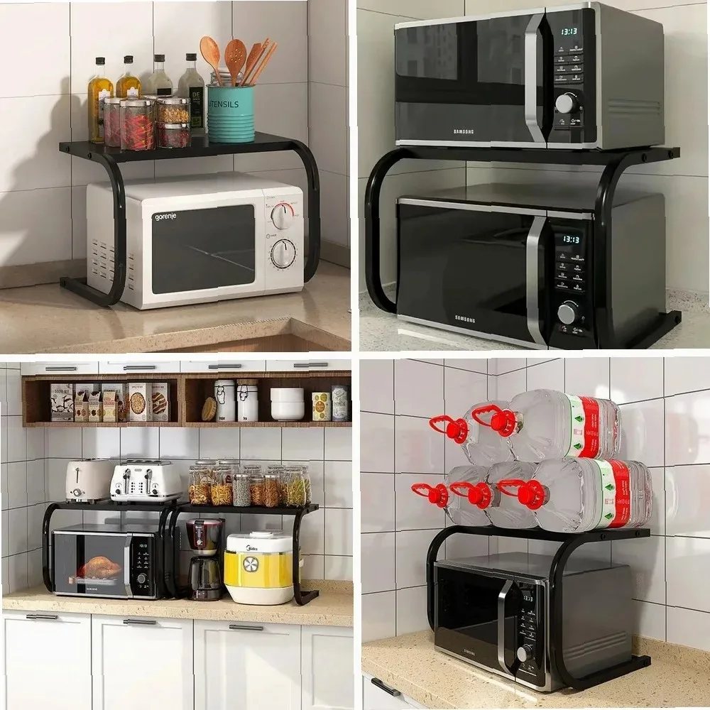 

No-Drill Kitchen Organizer, Carbon Steel Spice Rack & Microwave Stand, All-in-One Storage Shelf for Cutlery and Utensils