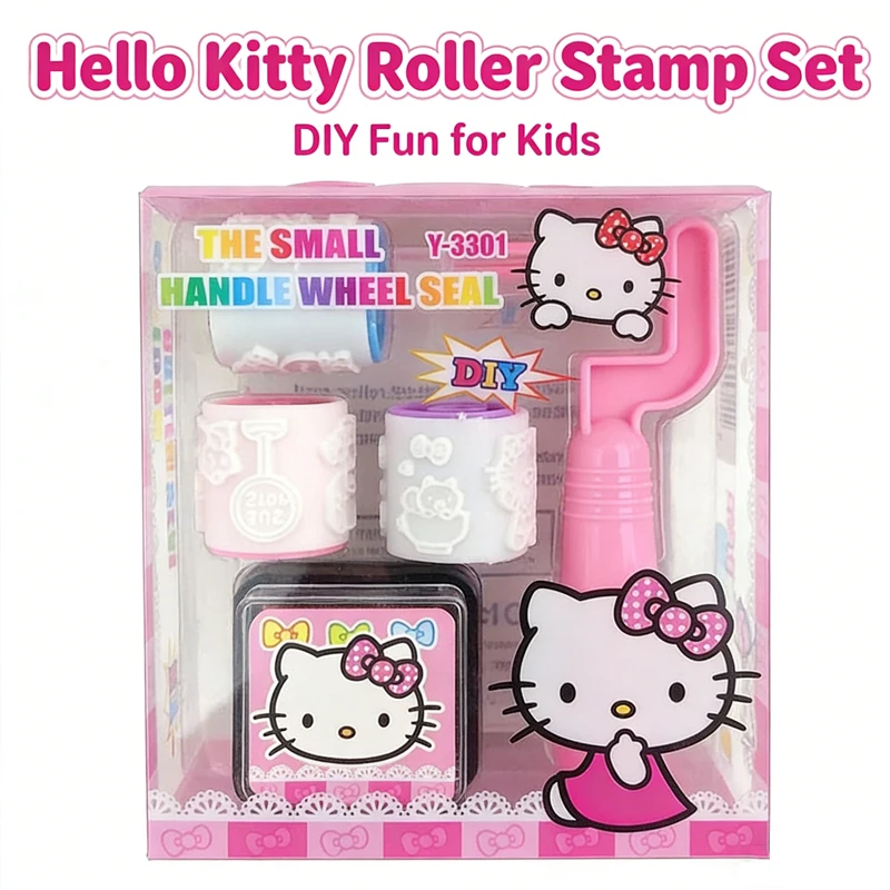 

NEW Sanrio Hello Kitty DIY Roller Stamp Set, Cute Cartoon Design for Kids, Ideal Reward Stamp With ink pad Perfect Gift for kids