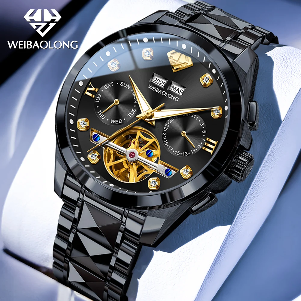 WEIBAOLONG 3801 Luxury Men's Watch Real Diamond Date Skeleton Flywheel Sapphire Mirror Automatic Mechanical Wristwatch for Men
