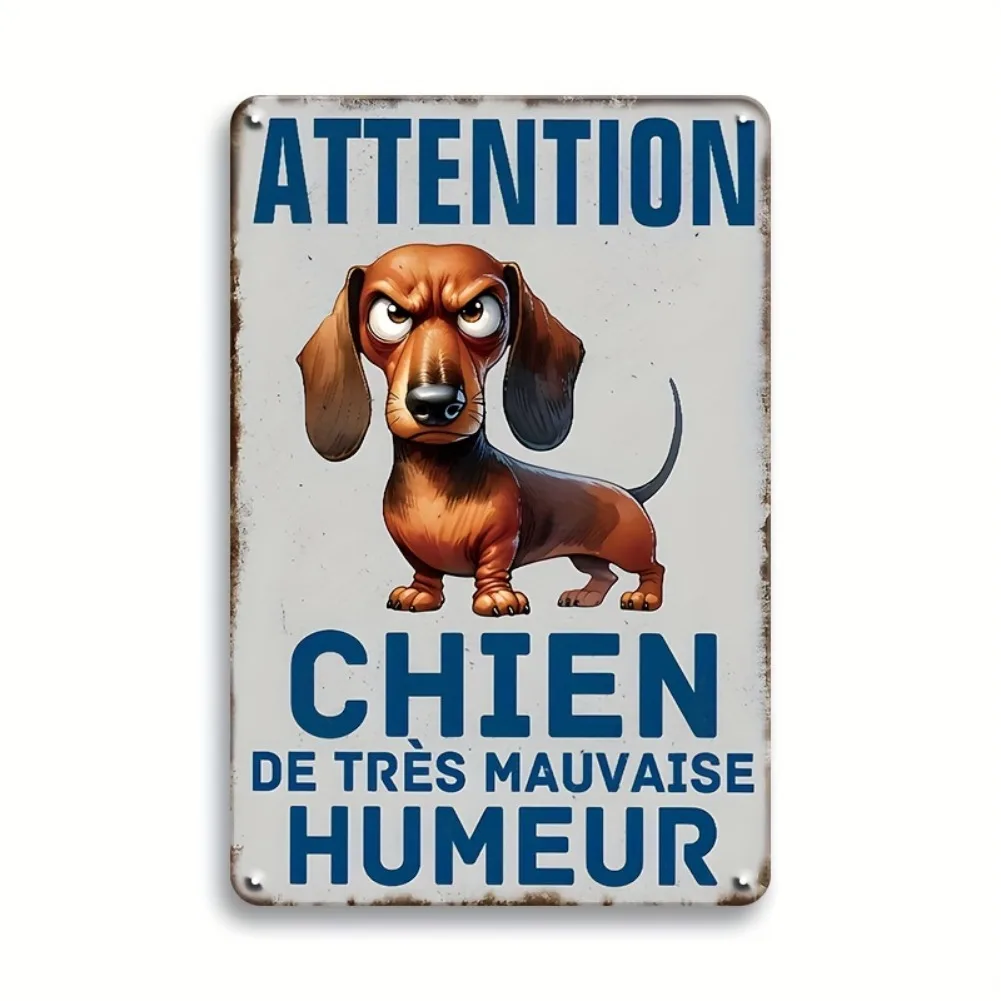 Vintage Eisen Dackel Wandkunstschild – „CHIEN DE TRES MAUVAISE HUMEUR“ Französischer Humor, 30,5 x 20,3 cm, rustikales Metall