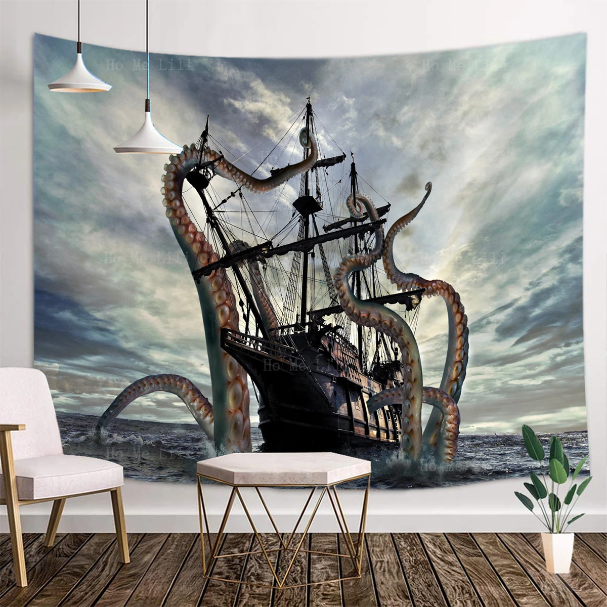 Old Ghost Sailing Ship The Kraken Octopus Attacked The Pirate Boat Terror Fantasy Landscape Wall Hanging Decor Tapestry