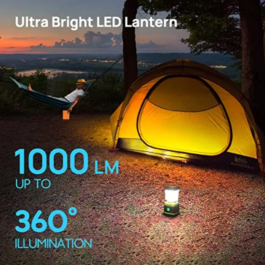 LED Camping Lantern Rechargeable, Camping Lights, 1000LM, 4 Light Modes, 4400mAh Power Bank, IPX4 Waterproof, Dimmable Tent Lig
