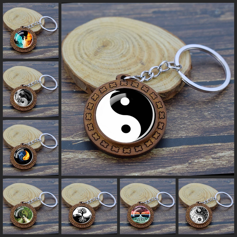 Yin Yang Tai Chi Keychains Black and White Life Tree Key Chain Glass Dome Wooden Pendant Keyring Symbol Meditation Reiki Jewelry