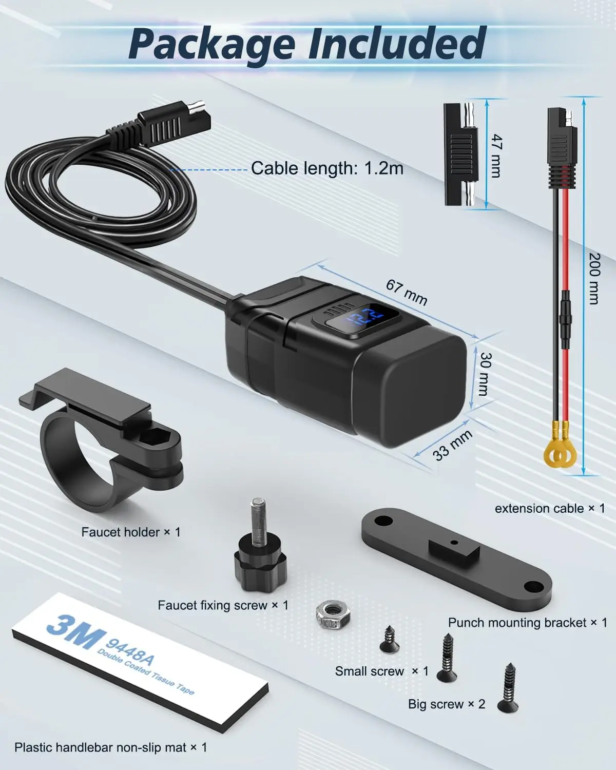 Extractme Motorcycle USB Fast Cellular Charger Waterproof Type C Port Socket Connector With LED Voltmeter Digital For Bike,Moto