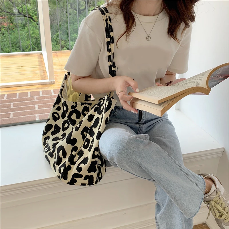 Large Capacity Casual Tote Bag Leopard Shoulder Bag Ladies Canvas Handbag Women\'s Travel Shopping Bag