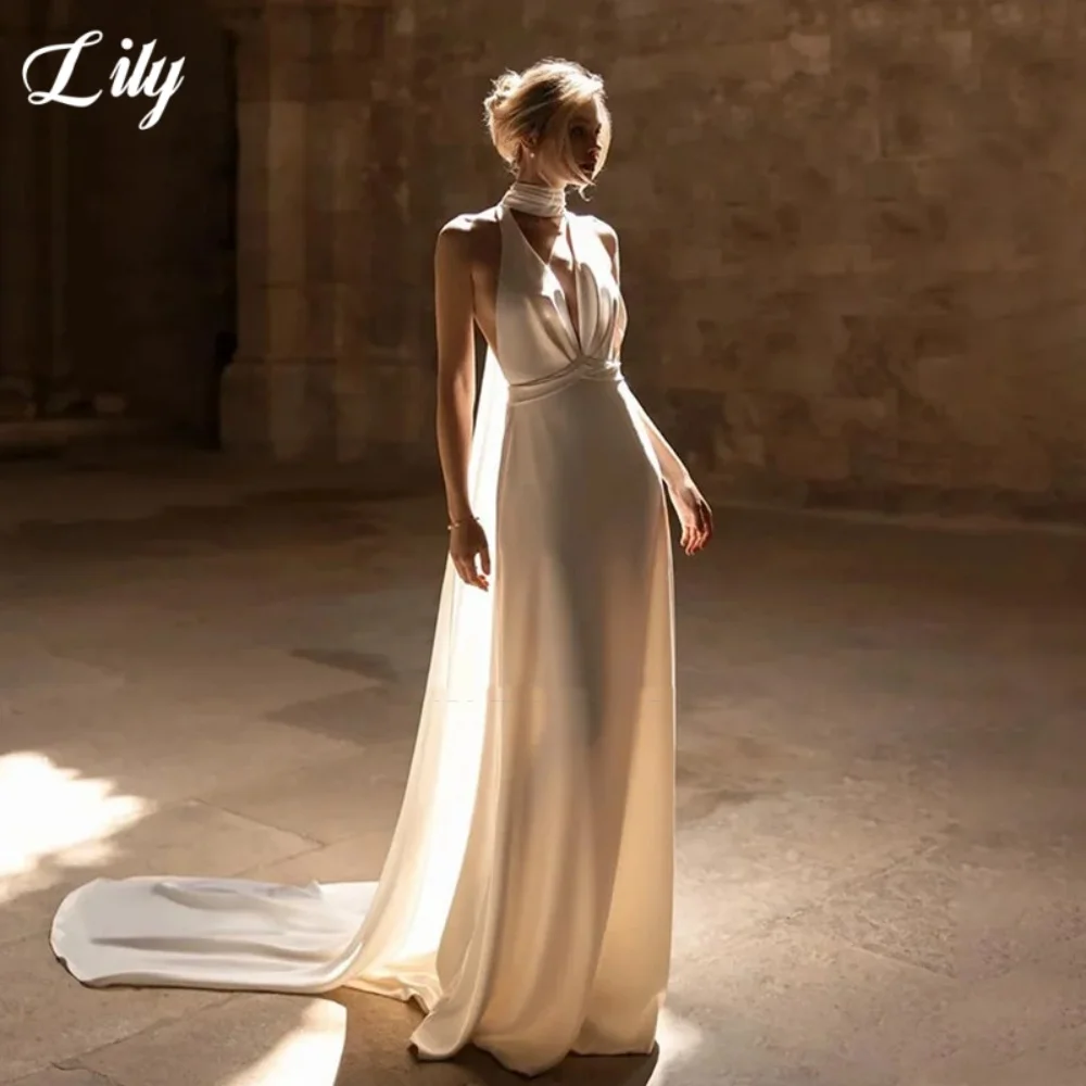 

Lily White V-Neck Prom Gown Sleeveless Backless Satin Prom Dress Trailing Wedding Party Evening Dresses robe de bal Customized
