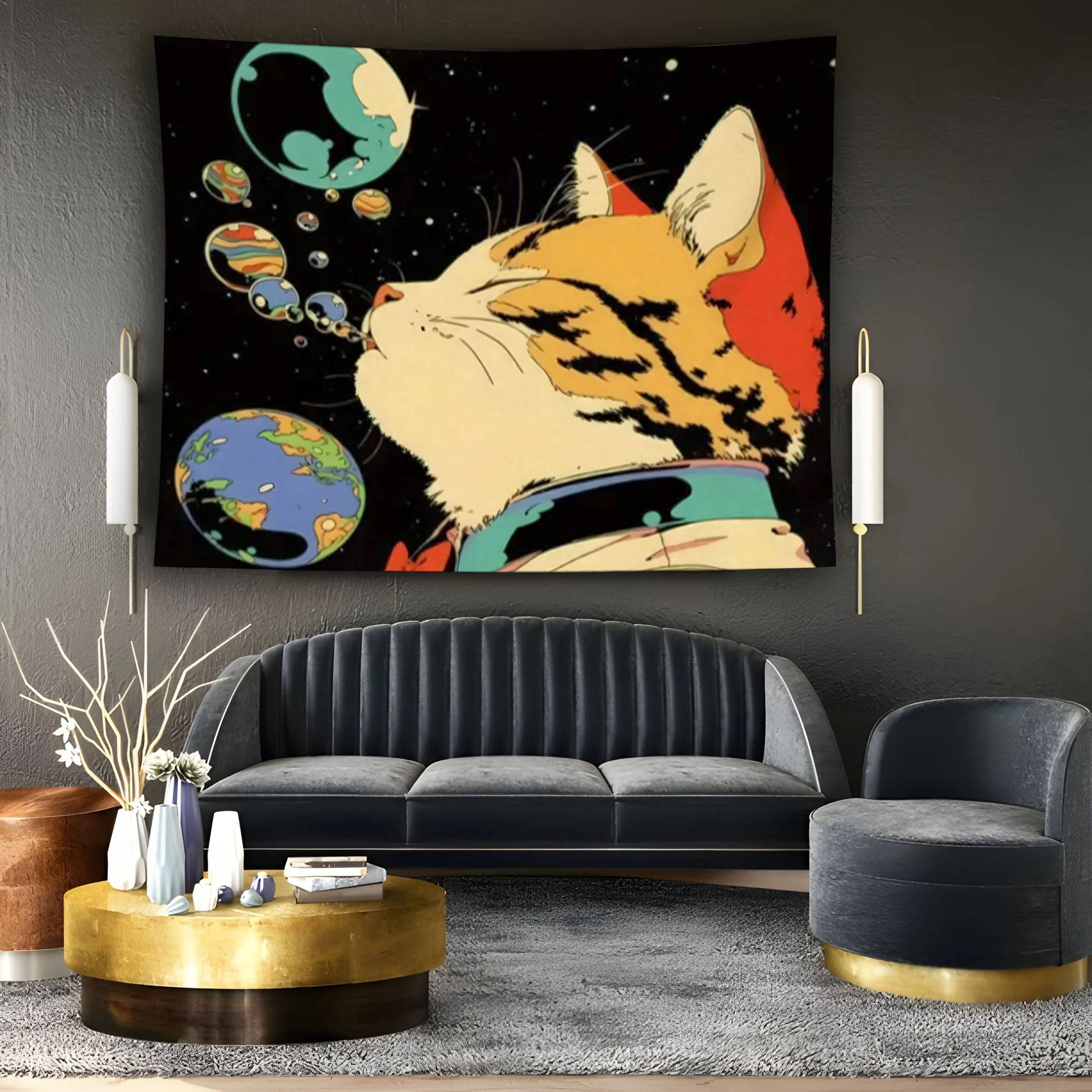 Cat and Planet Theme Digital printing polyester wall hanging tapestry decorative Living room bedrooms Office background gift
