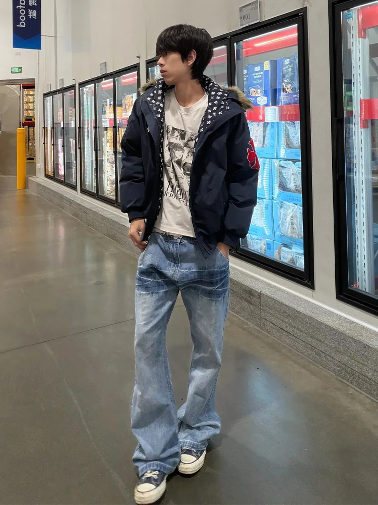American High Street Vibe Retro Light Blue Lightning Pattern Flared Jeans Casual Loose Straight Leg Trousers for Men And Women
