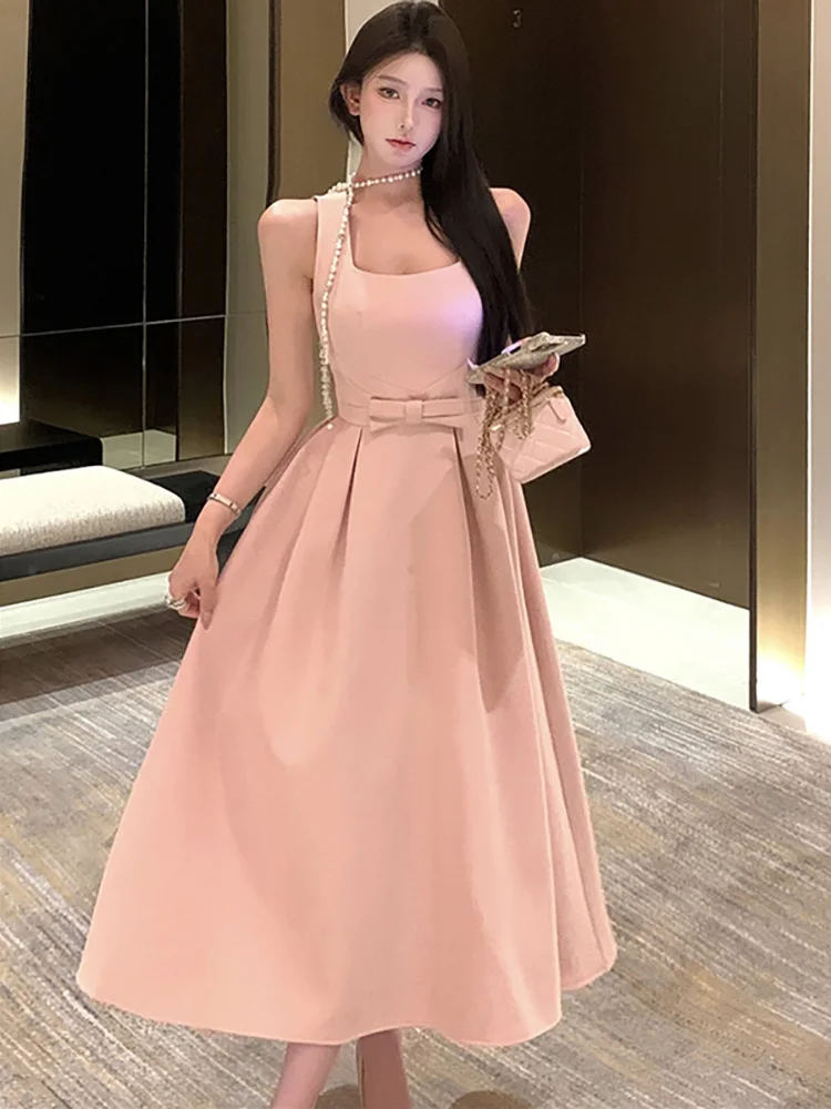 가을 겨울 핑크 섹시 슬링 롱 드레스 여성 우아한 바디콘 리본 드레스 2025 한국 패션 시크 페스티벌 이브닝 드레스