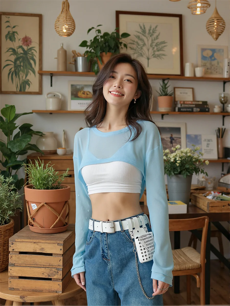 

Sun Proof Crop Tops Long Sleeve T-shirts Harajuku Graphic Print O Neck Loose Fit Autumn Clothes Japanese T-shirt Trendy Casual