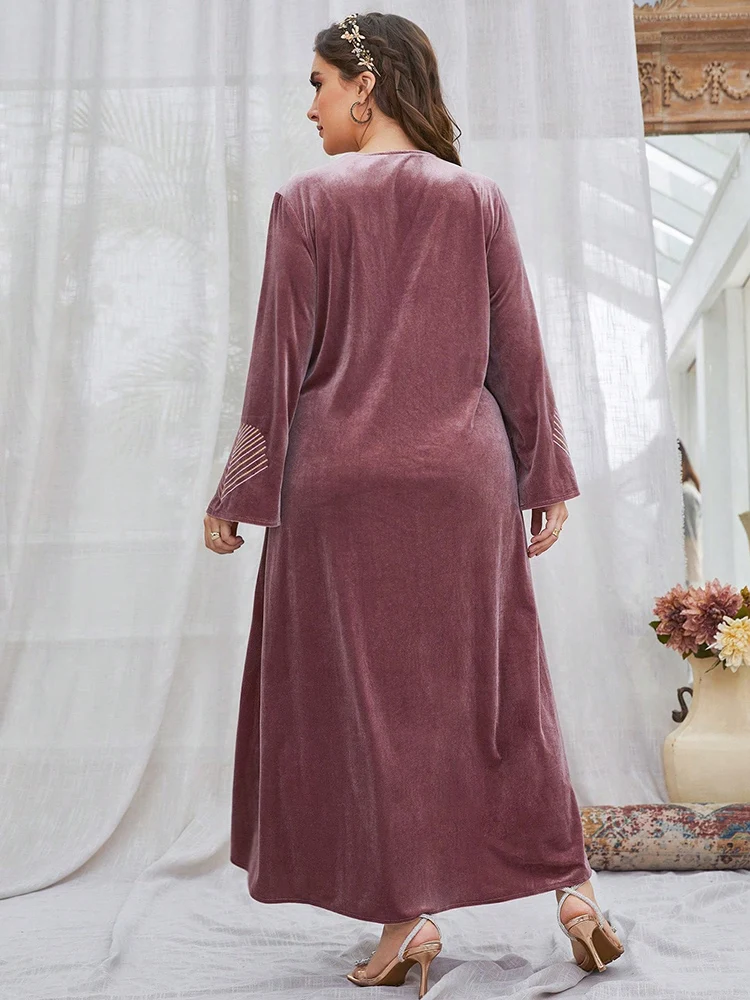 TOLEEN 2024 New Plus Size Women Minimalist Floral Print Long Sleeve Velvet Dress Autumn Winter Luxury Elegant Abaya Maxi Dresses