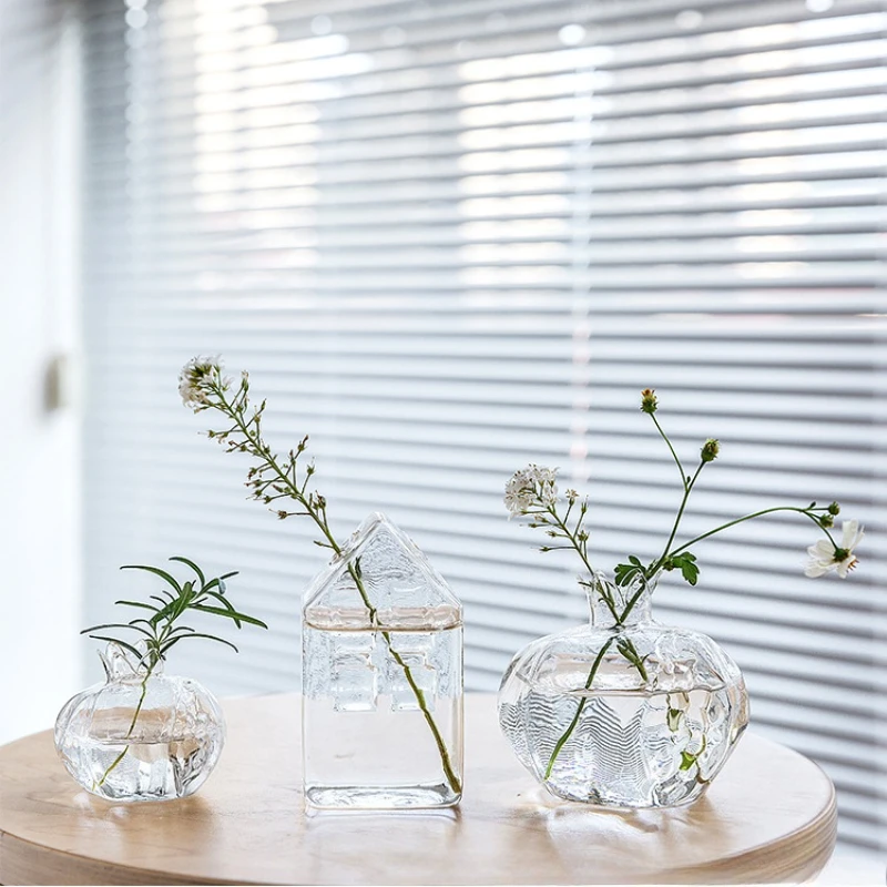 Flower Glass Vase Decorative Centerpiece for Home Wedding Pomegranate Mushroom  House Shape Table Vase Transparent