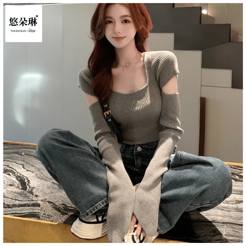 Broken Sleeve Design Niche Top Women's Inner Layer Knitted Base Sweet and Cool Short Sweater Ins Trend