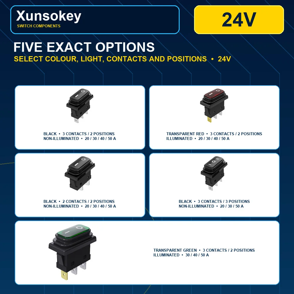 DC 24V KCD 30A Waterproof Rocker Switch, 2‑Pin 3‑Pin Illuminated Mini Boat‑type Power Button