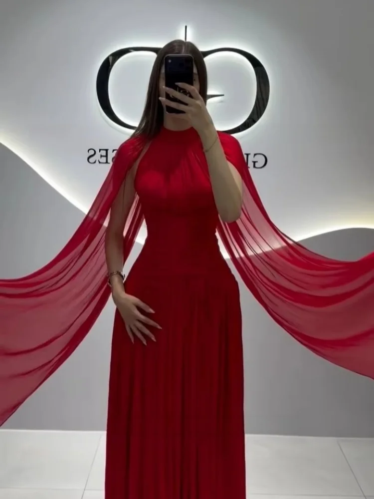 Women High Neck Cape Sleeve Chiffon Prom Dresses Red Ruched Bodice A Line Floor Length Back Zipper Evening Gown