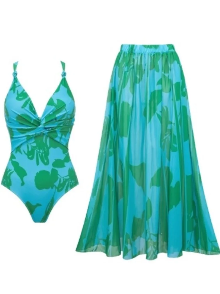 Bikini Bodysuit Swimwear Women With Skirt Bathing Suit Summer New Ruffle Splice Print Beachwear Holiday Bikini Cover Ups Outfits