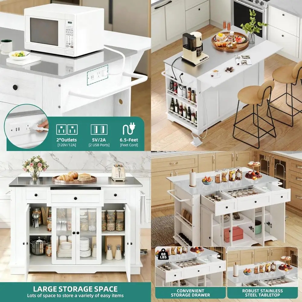 

Кухонный остров 60 дюймов с выдвижной столешницей, мобильный остров-стол с верхней поверхностью из нержавеющей стали, передвижной остров-стол с розеткой, регулируемый