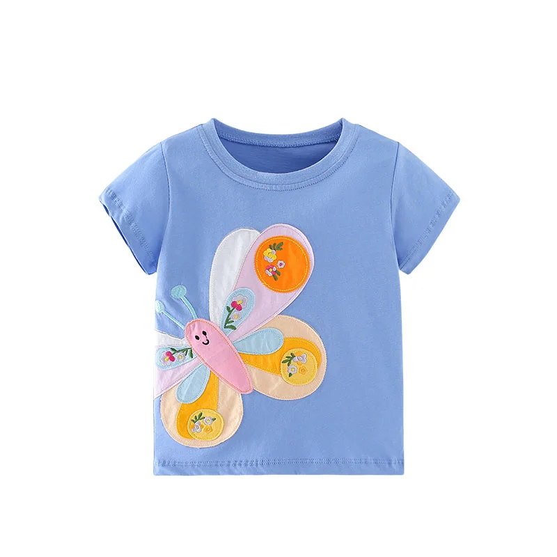 Springen Meter 2-7T Meisjes T-shirts Zomer Kinderkleding Korte Mouw Kids Tees Tops Baby vlinder Applique Shirts