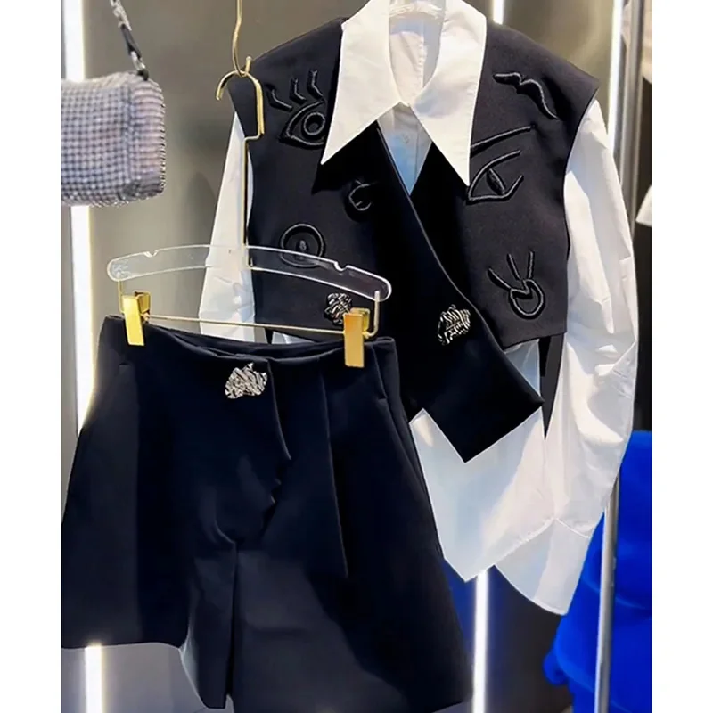 BESTBAFU الخريف موضة 3 قطعة مجموعة للنساء مصمم مجموعة التطريز شيك زر سترة + قميص أبيض + شورت الزي الأنيق 823P