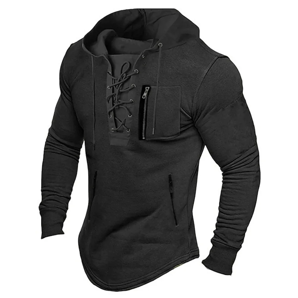 

Sports Activity Lace Up Sweatshirt Long Sleeve Hoodie For Men Pockets Long Sleeve Polyester Fabric Solid Color