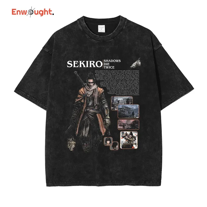 Sekiro Wolf T Shirt Hip Hop PC Game Vintage Washed Tops Tees Oversized Short Sleeve T-Shirt Retro Sweatshirts Man 100% Cotton