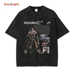 Sekiro wolf-メンズ特大Tシャツ,100% コットンレトロトレーナー,ヴィンテージウォッシュトップス,ゲームTシャツ,ヒップホップスタイル