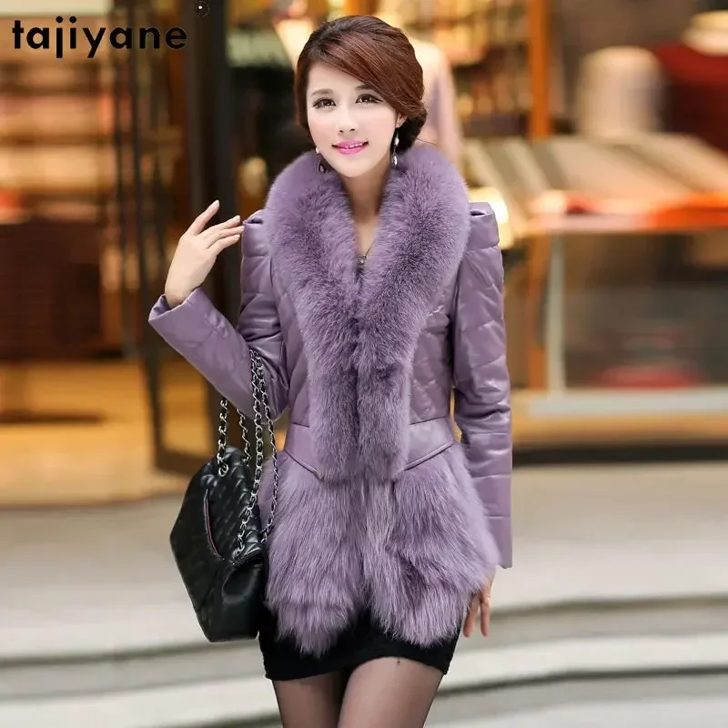 Tajiyane 100% سترة جلد الغنم الحقيقي المرأة شتاء جديد قصير أسفل معاطف الثعلب الفراء طوق معطف جلد غير رسمي أسفل السترات