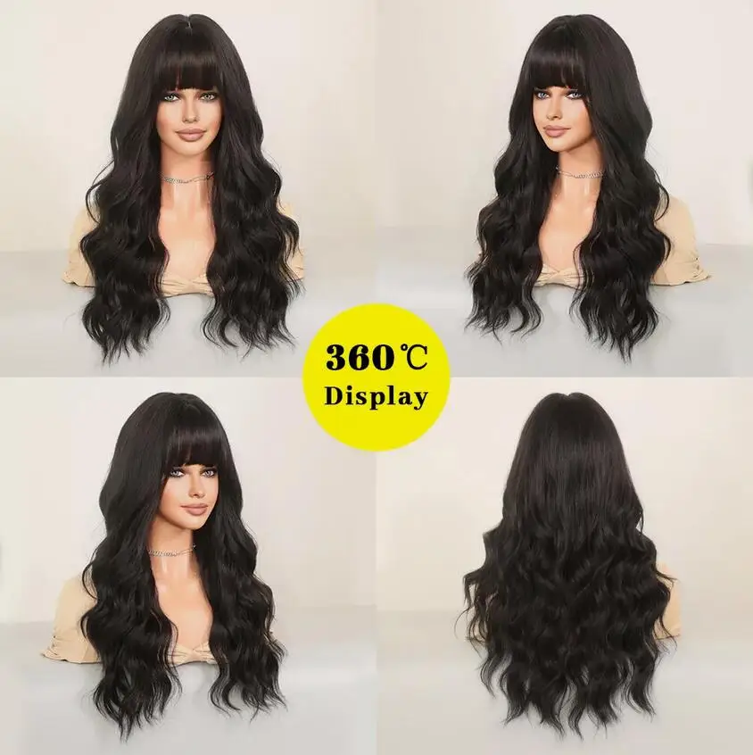 Long Wavy Synthetic Hair Off black Dress Up Wig With Bangs Natural