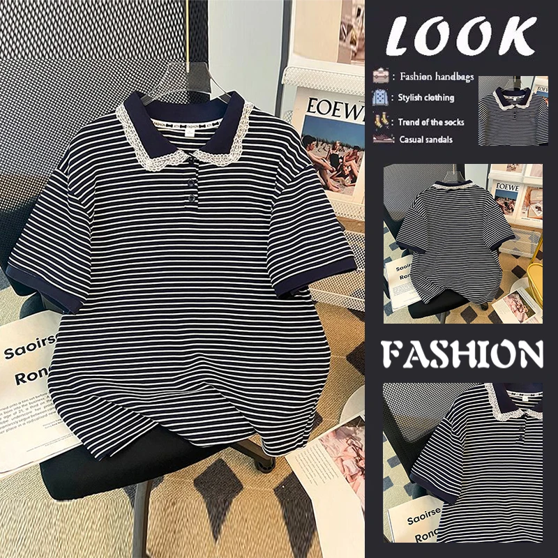 Korean Style  Collar Striped Short Sleeve T-Shirt Women's Fashionable  Shoulder Top Breathable Loose Fit Summer Wear
