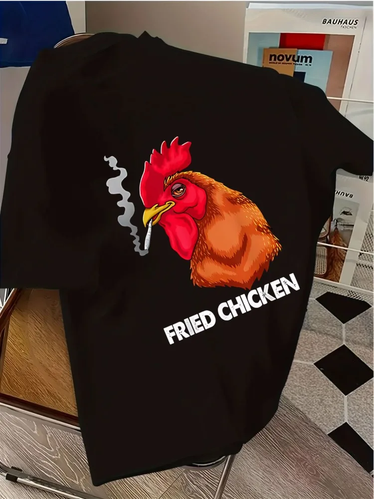 Men Soft Pink Cotton Crew Neck Tee Cool Smoking Rooster Fried Chicken Text Print Loose Short Sleeve Hip Hop Casual Street Shirts