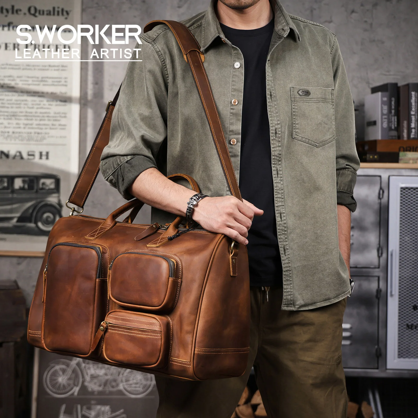S.WORKER Premium Echtleder Business-Handtasche Vintage Herren Vollnarbenleder-Aktentasche für Geschäftsarbeit 16" Laptop-Tasche – Detail 2