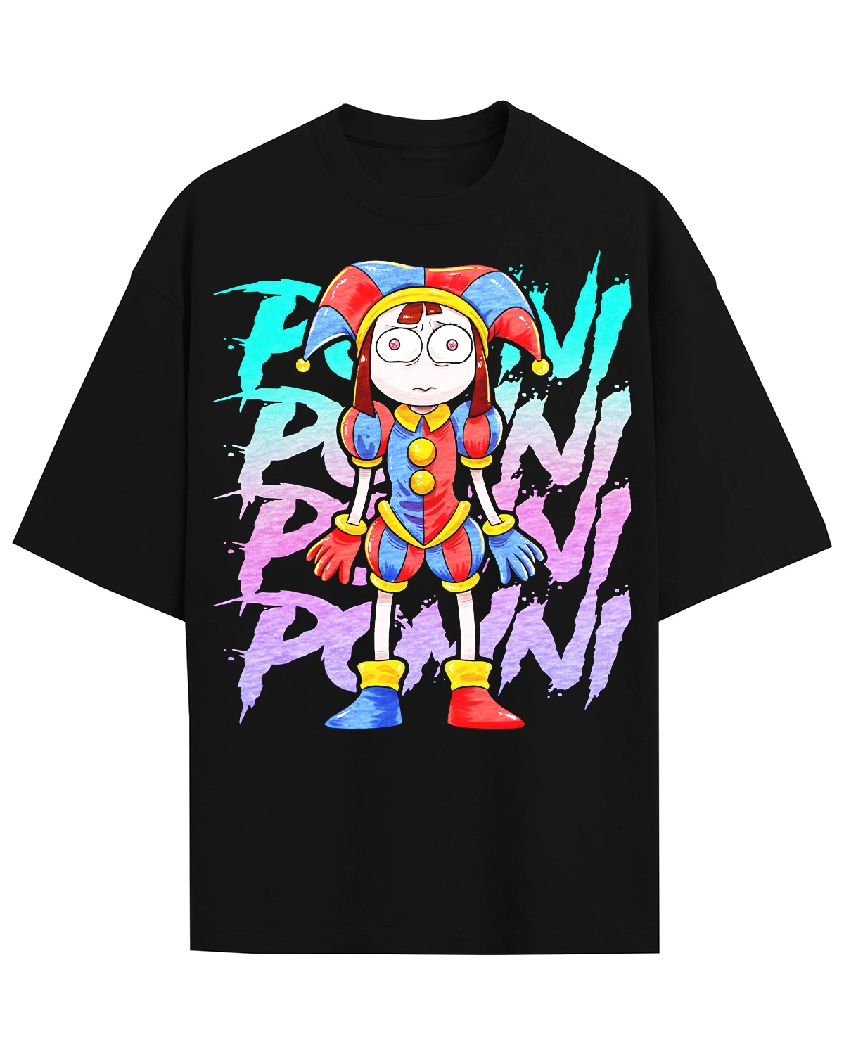 Das fantastische T-Shirt mit dem Motiv von Pomni aus „The Amazing Digital Circus“, ein farbenfroher Print mit dem Pomni-Charakter, ein Cartoon-Design für Fans, Damen, Herren und Kinder, kurzärmeliges T-Shirt. – Detail 3