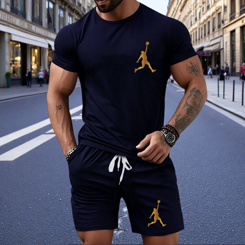 

Summer men's casual T-shirt, retro and cool design, street short-sleeved top, sporty T-shirt, fashionable fitness capri pants tw