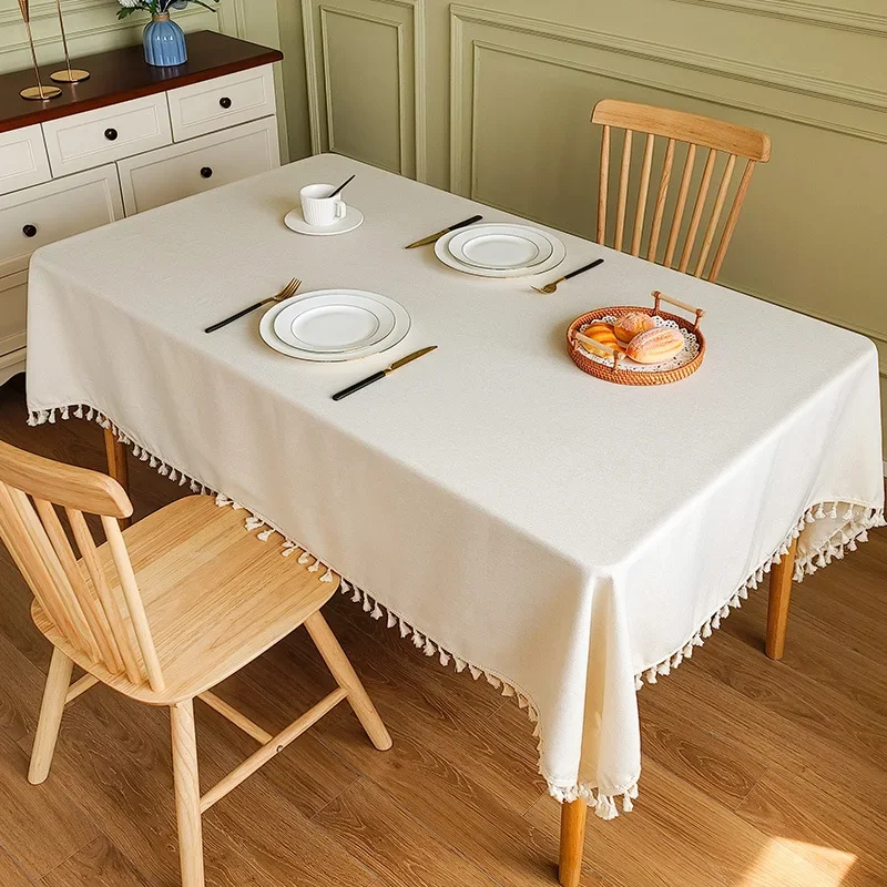 Linen-Cotton Tablecloth Waterproof Oil-Proof Light Luxury Chinese Style Solid Color Tassel Minimalist Premium Dining Table Cloth