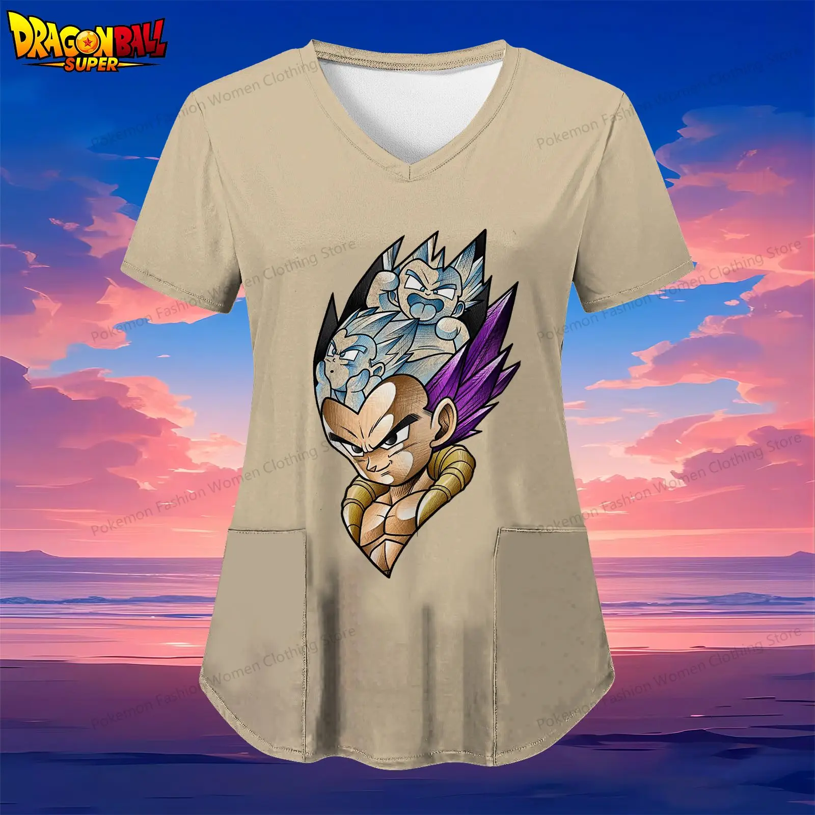 Kakarotto Pocket Dragon Ball Women's V Neck Nurse Uniform T-Shirt Short Sleeve Tee Y2k S-2XL Street Wear Kawaii Summer 2024 Top