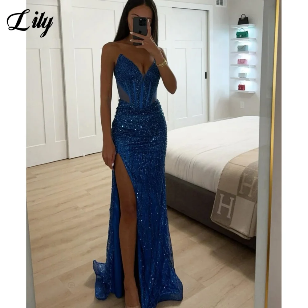 

Lily Navy Blue Sexy Prom Dress V-Neck Hollow Prom Gown with Fishbone Shiny Sequins Side Split Formal Gown robe soirée Customized