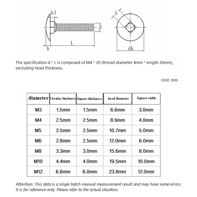 Carriage Bolt 304 Stainless Steel Round Head Square Neck Screw M8 M10 M12 Length 12~100mm